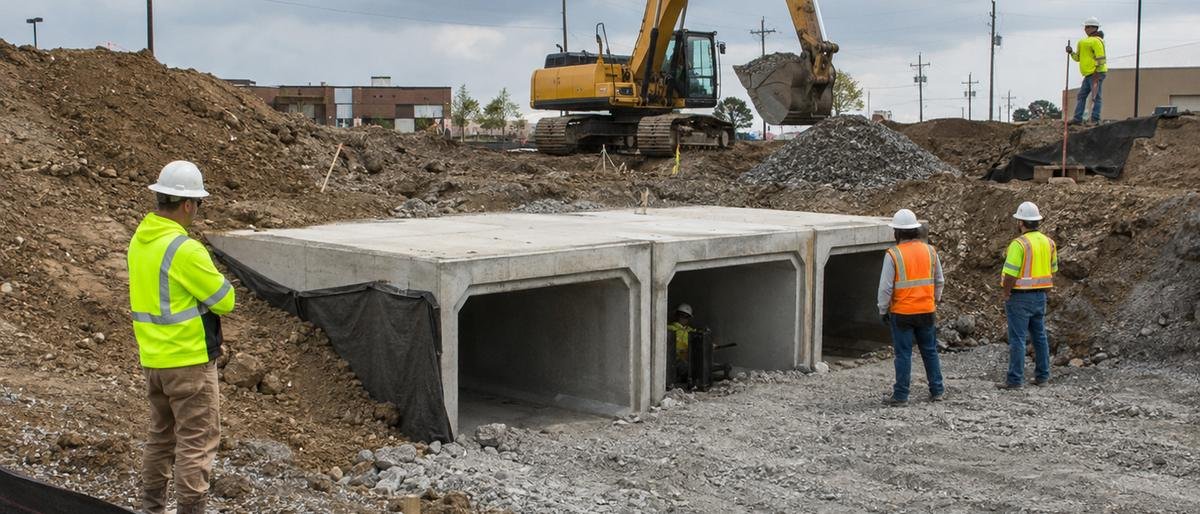 A box culvert being installed at an active site, with crews in high-visibility PPE