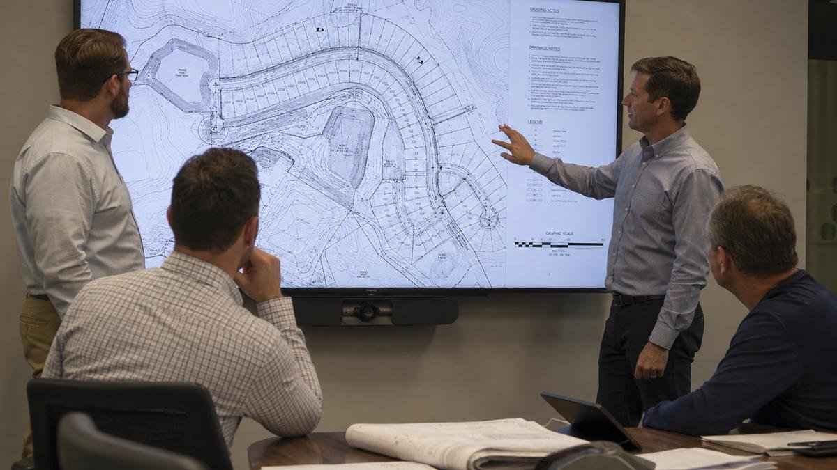 A grading and drainage plan on screen with a client team reviewing it