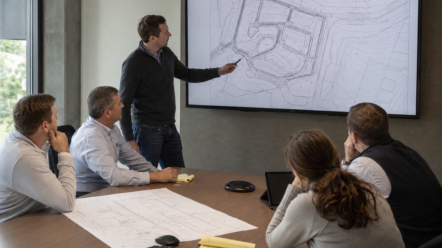 A site plan and stormwater data reviewed with a client team