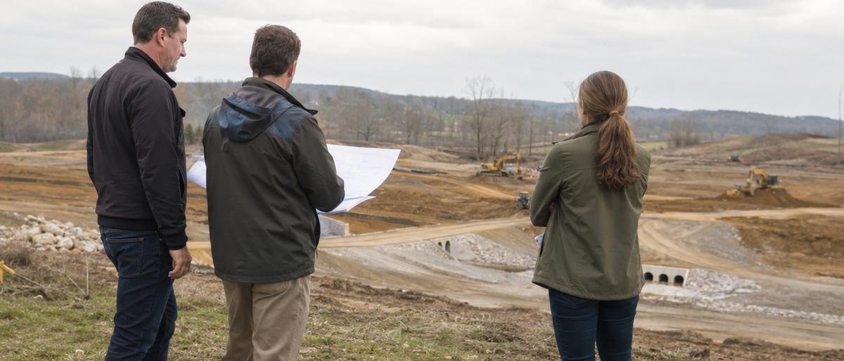 Three people with rolled plans looking out over an active earthworks project